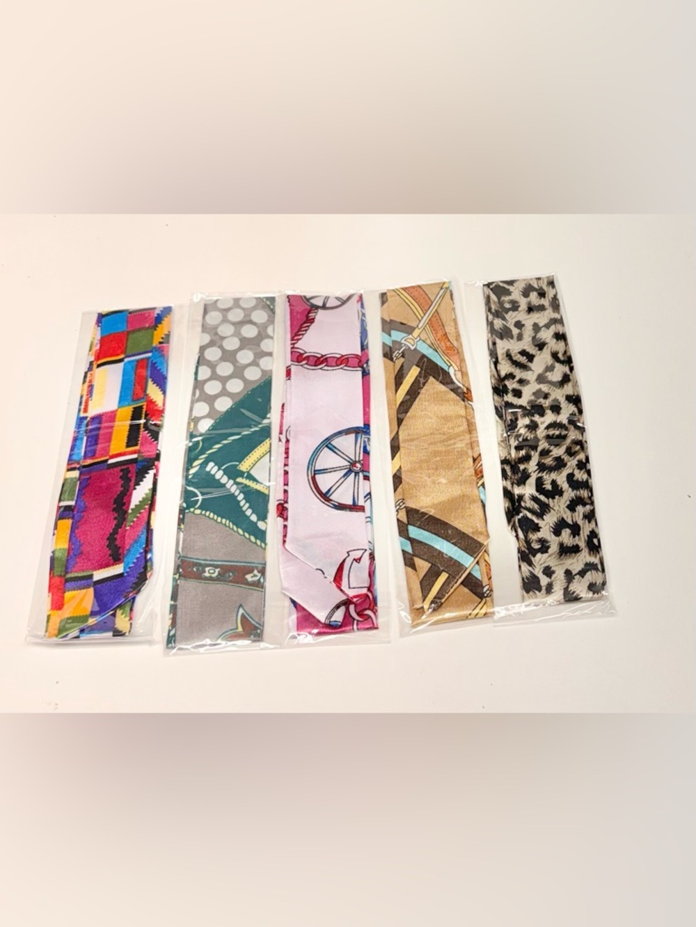Silk-Feel Printed Twilly Scarf - Pink, Gold, Teal Assorted